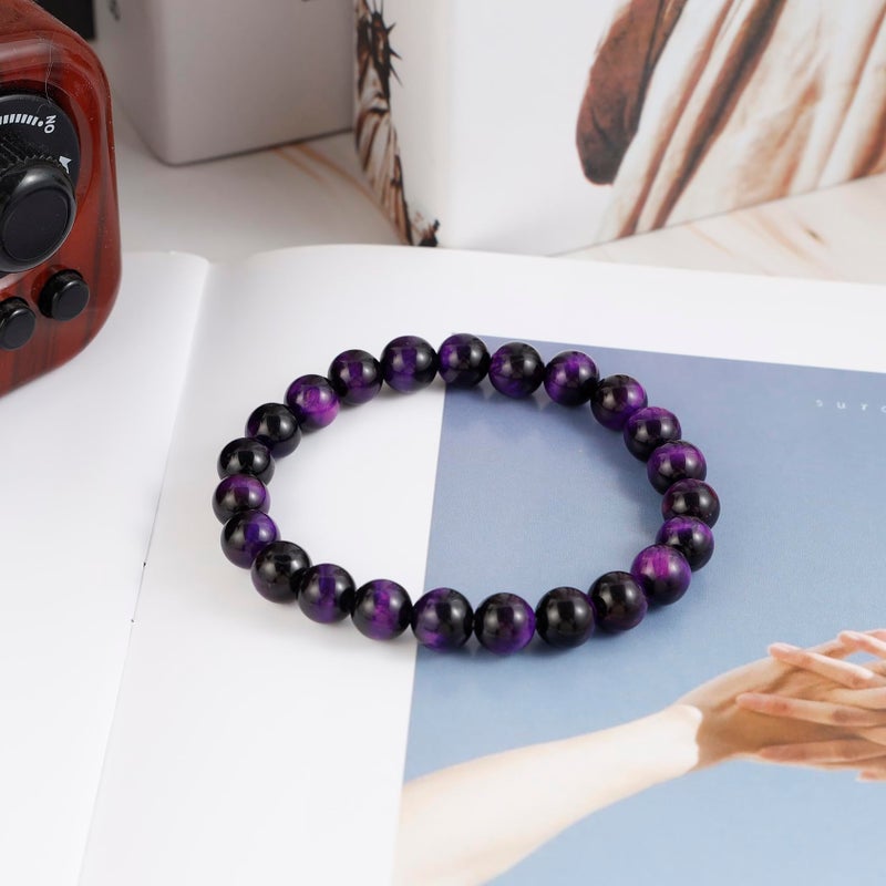 MILAKOO 8mm Natural Stone Bracelet Yoga Semi-Precious Beads Tiger Eye Bracelet Purple Color - Image 2